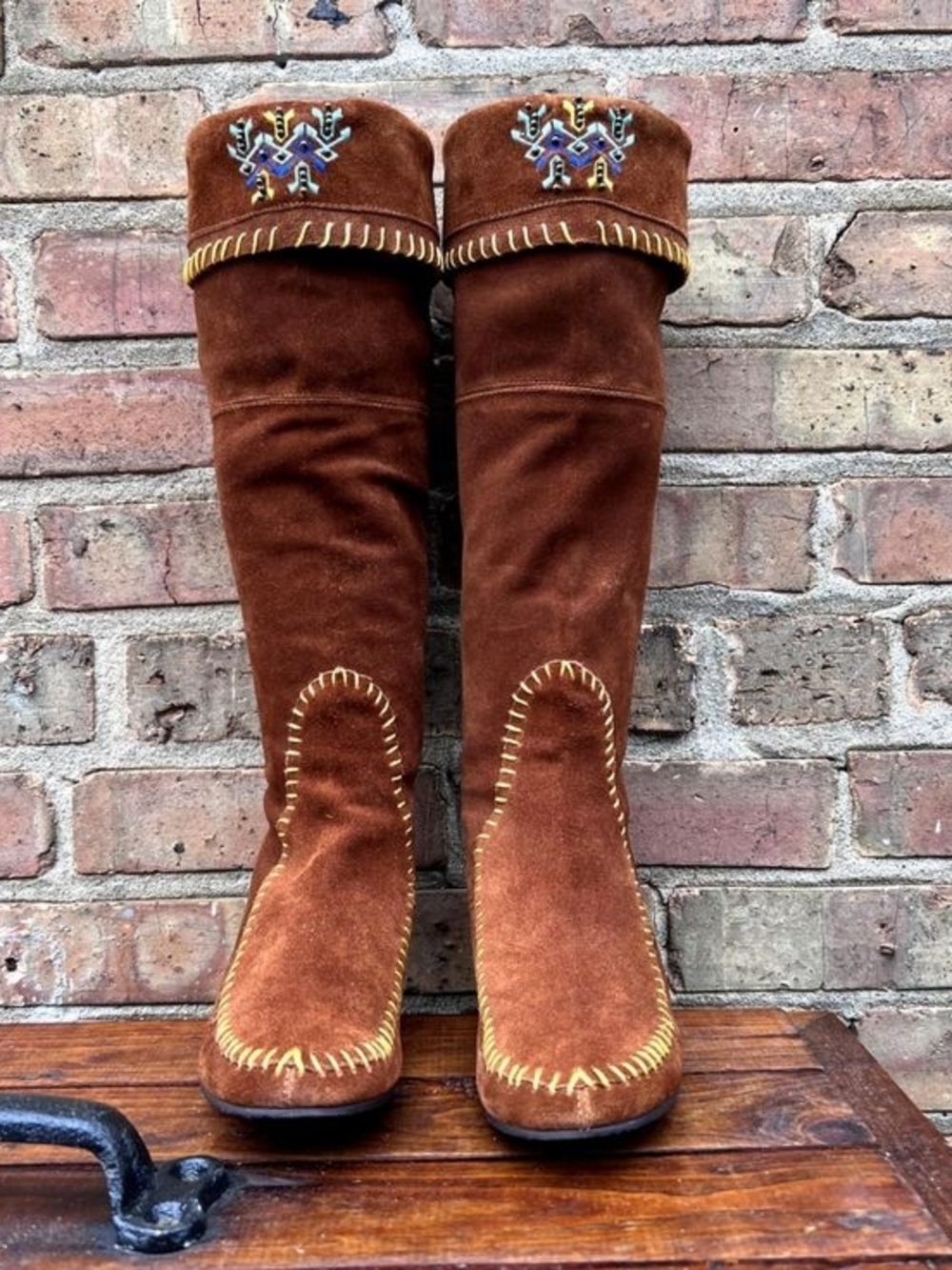 Aldo Size 37 Chestnut Brown Suede Embroidered Knee-High Boots